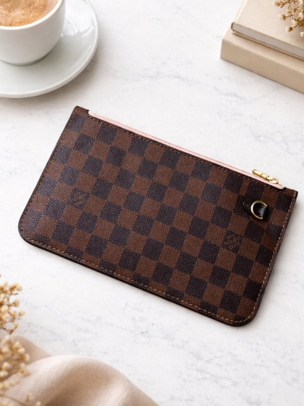 Designer Damier Check Zip Pouch Pink Lining Gold Hardware